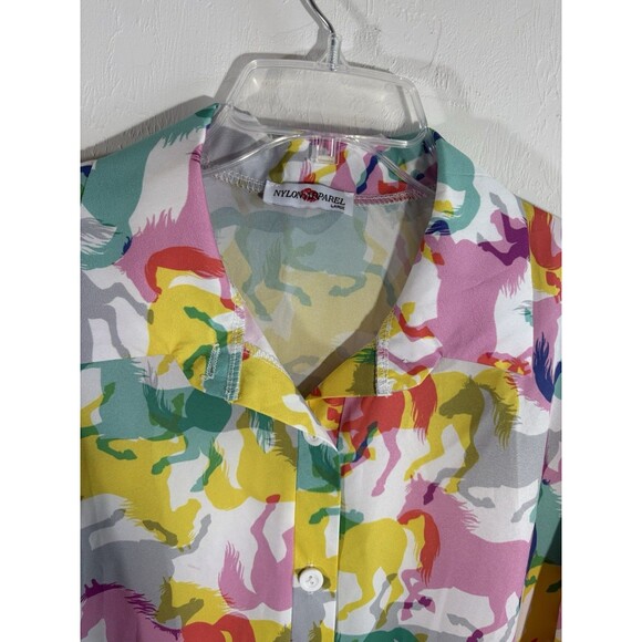Nylon Apparel Women’s Horse Pastel Print Large Long Sleeve Collared Button Shirt - Picture 5 of 9
